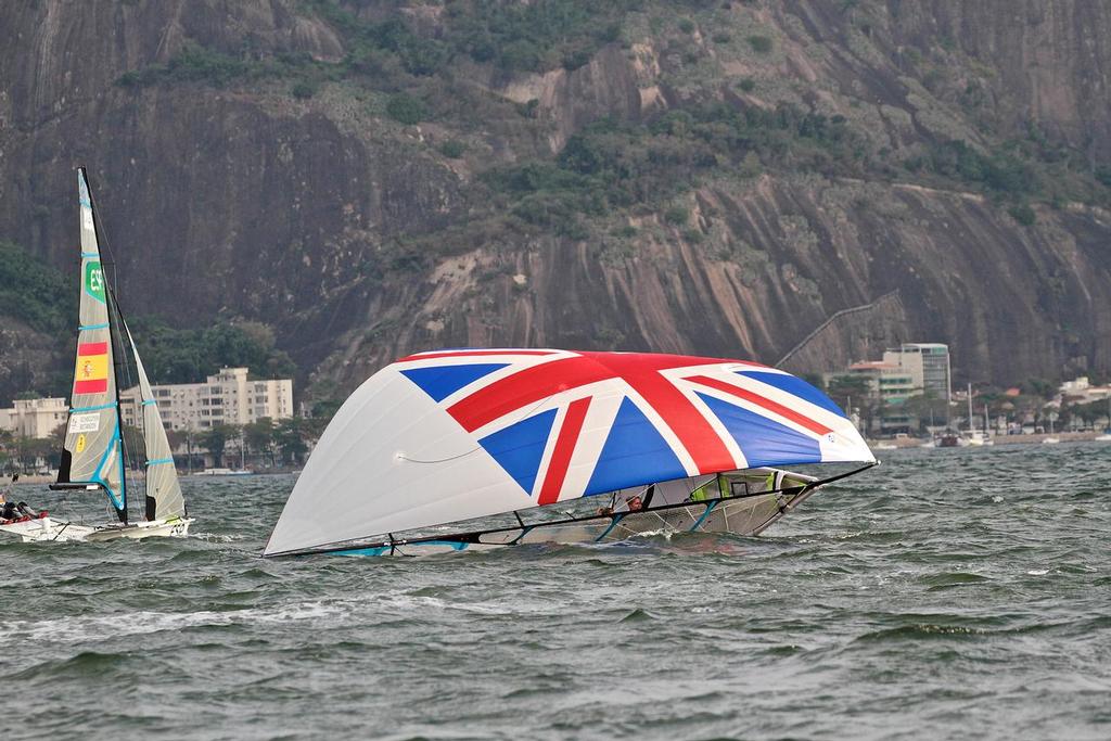 GBR gybes just before the gate - then their gennaker fills lifting the boat out of the water - 49erFX Medal race 2016 Olympics © Richard Gladwell www.photosport.co.nz